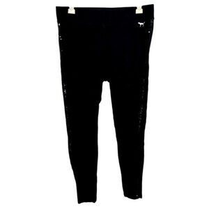 VICTORIAS SECRET PINK BLACK SEQUIN SPARKLE SIDE STRIPE LEGGINGS, SIZE SP